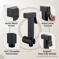 Jet spray for washroom in black, side angle with flexible hose and wall holder for bathroom toilet use