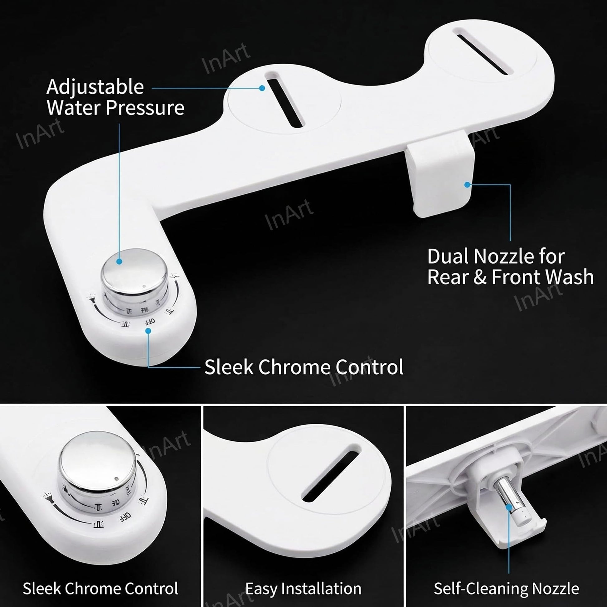 Modern bathroom bidet attachment, top angle view showing adjustable water pressure dial and handle