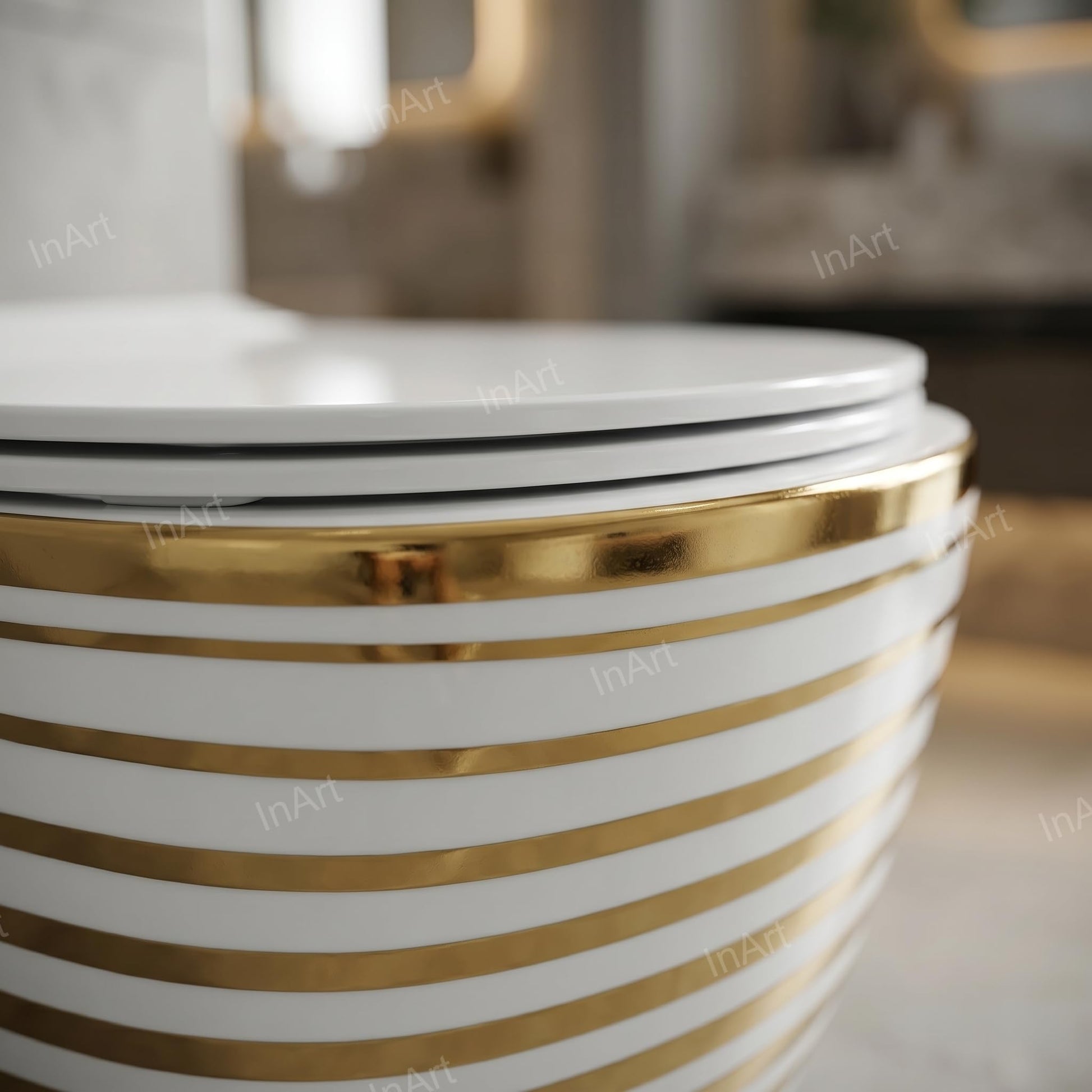 Soft close toilet seat cover detail on oval wall hung commode, premium sanitaryware finish in white gold