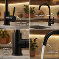 InArt matte black kitchen tap stainless steel, angled view of black sink mixer with single lever handle