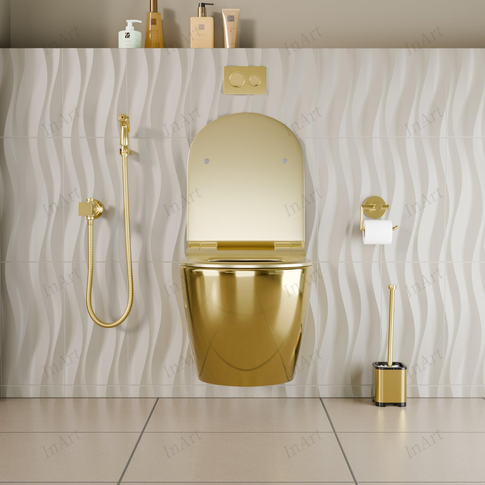 InArt premium ceramic wall mounted commode with soft close seat, gold finish EWC for Indian bathrooms