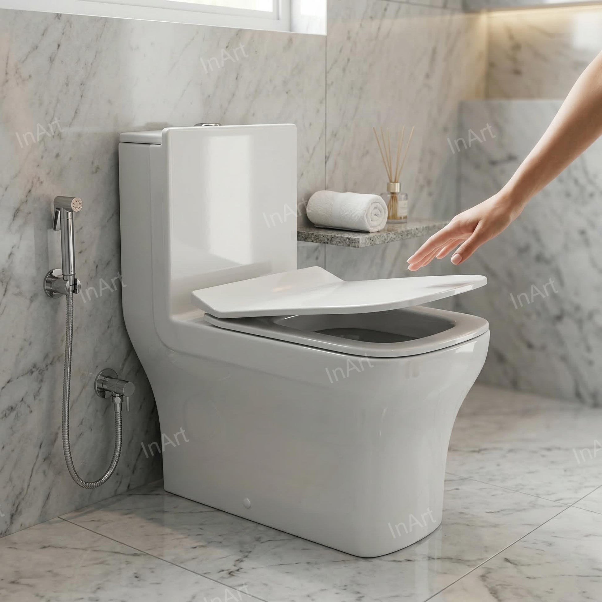 InArt closet one piece with P-trap 7 inch from floor, glossy white ceramic commode detail