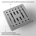 Flat cut 5x5 inch floor drain jali showing smooth polished edges, square stainless steel drain cover
