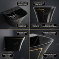Modern bathroom wash basin design in glossy black ceramic, wall hanging wash basin shown from side angle
