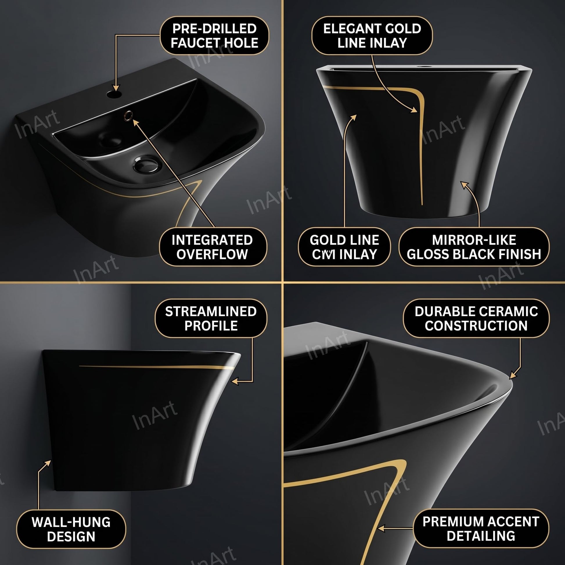 Modern bathroom wash basin design in glossy black ceramic, wall hanging wash basin shown from side angle
