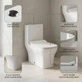 Ceramic floor mounted western toilet with square design and soft close seat, side angle view