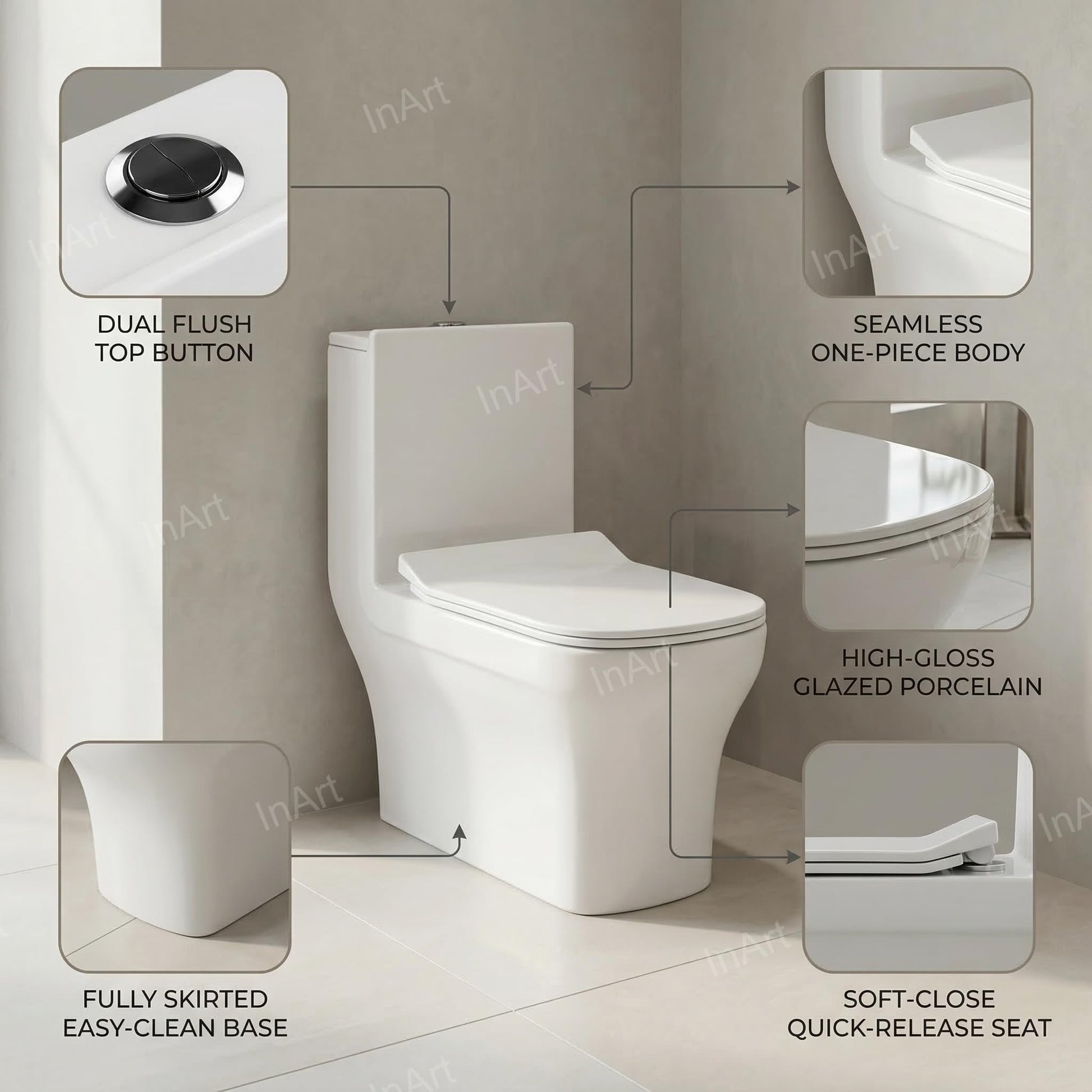 Ceramic floor mounted western toilet with square design and soft close seat, side angle view