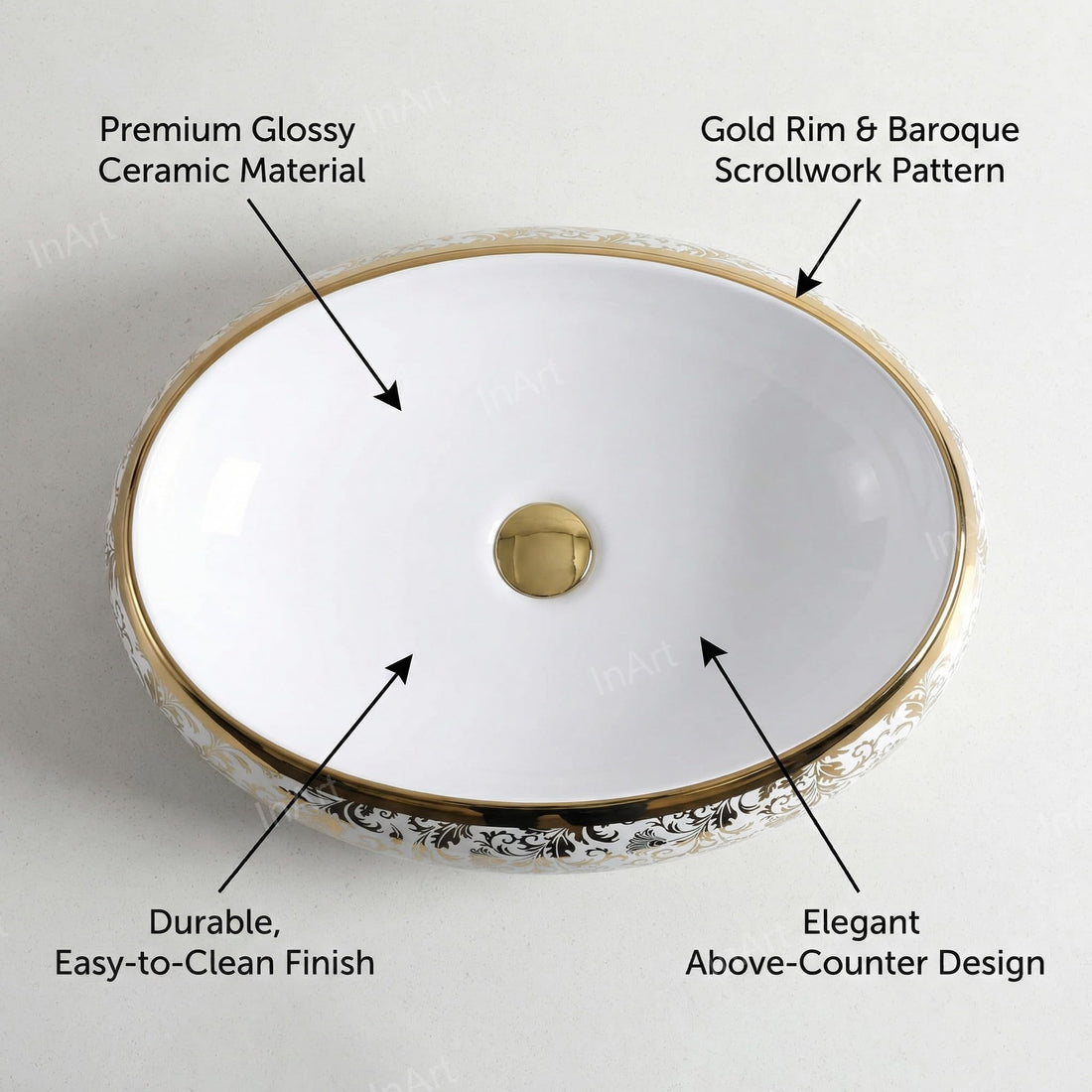 InArt hindware table top wash basin in glossy white ceramic oval with golden rim, main view