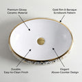 InArt designer ceramic wash basin design, oval above counter basin in white with gold rim, side angle