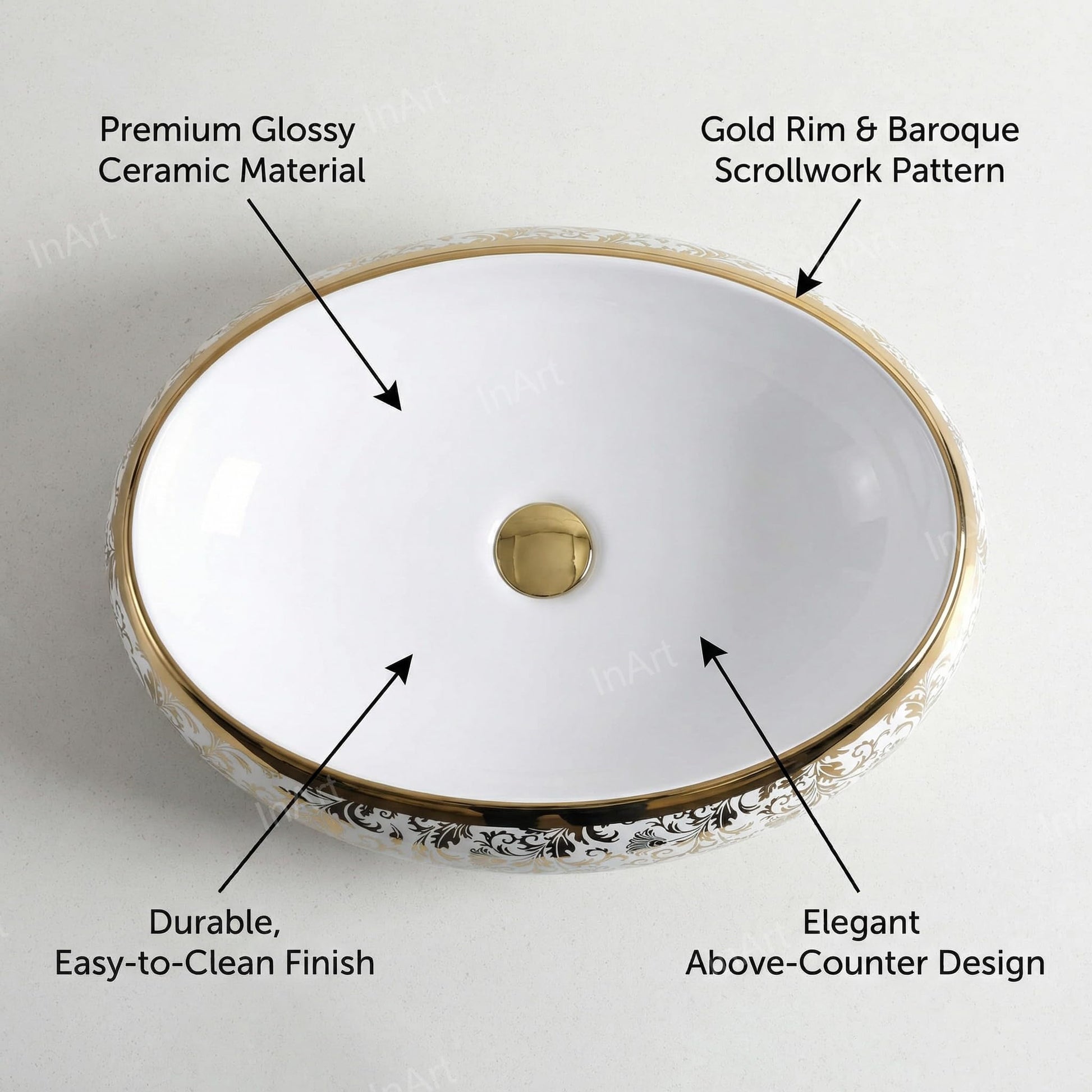 InArt designer ceramic wash basin design, oval above counter basin in white with gold rim, side angle