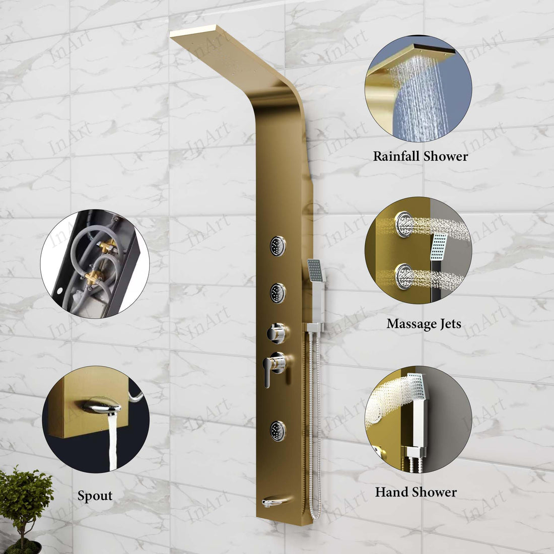 Blue ocean shower tower by InArt in gold brushed stainless steel, rectangular shower panel set front view