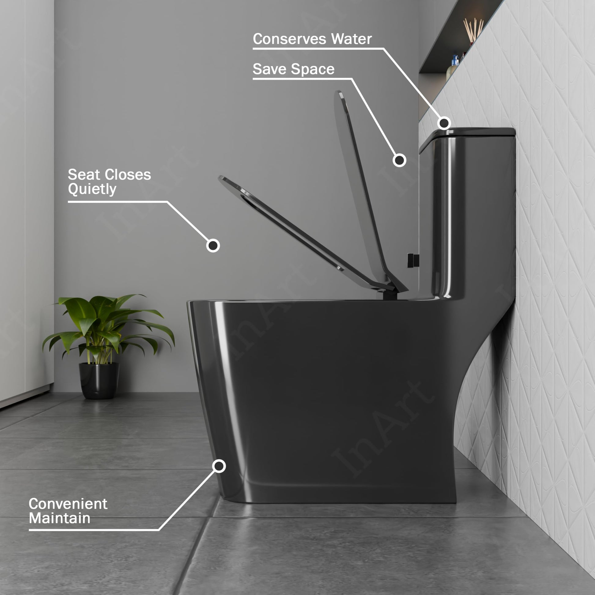 InArt premium sanitaryware black one piece closet in modern bathroom, square rimless floor mounted WC