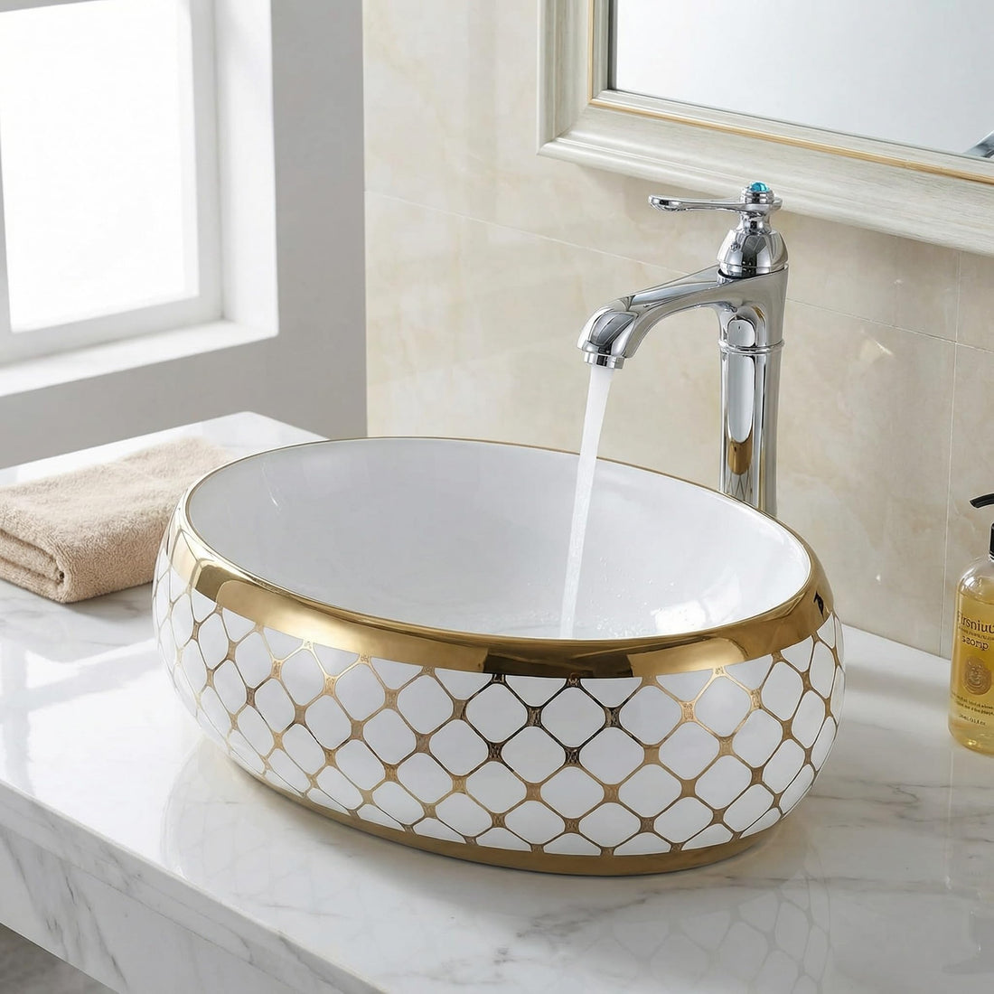 InArt ceramic table top wash basin, oval glossy white with golden rim, main front view