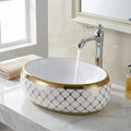 InArt ceramic table top wash basin, oval glossy white with golden rim, main front view