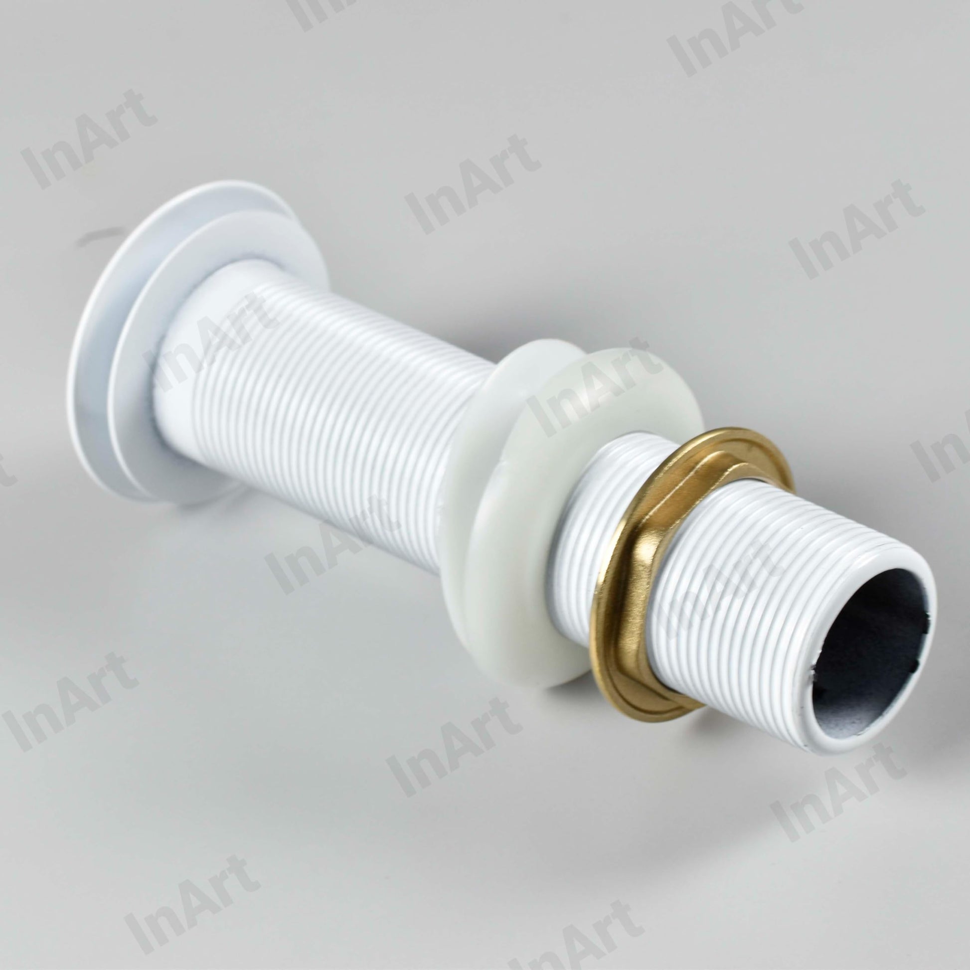 Close-up of white pop up waste coupling with overflow, 32mm brass wash basin drain for modern bathroom