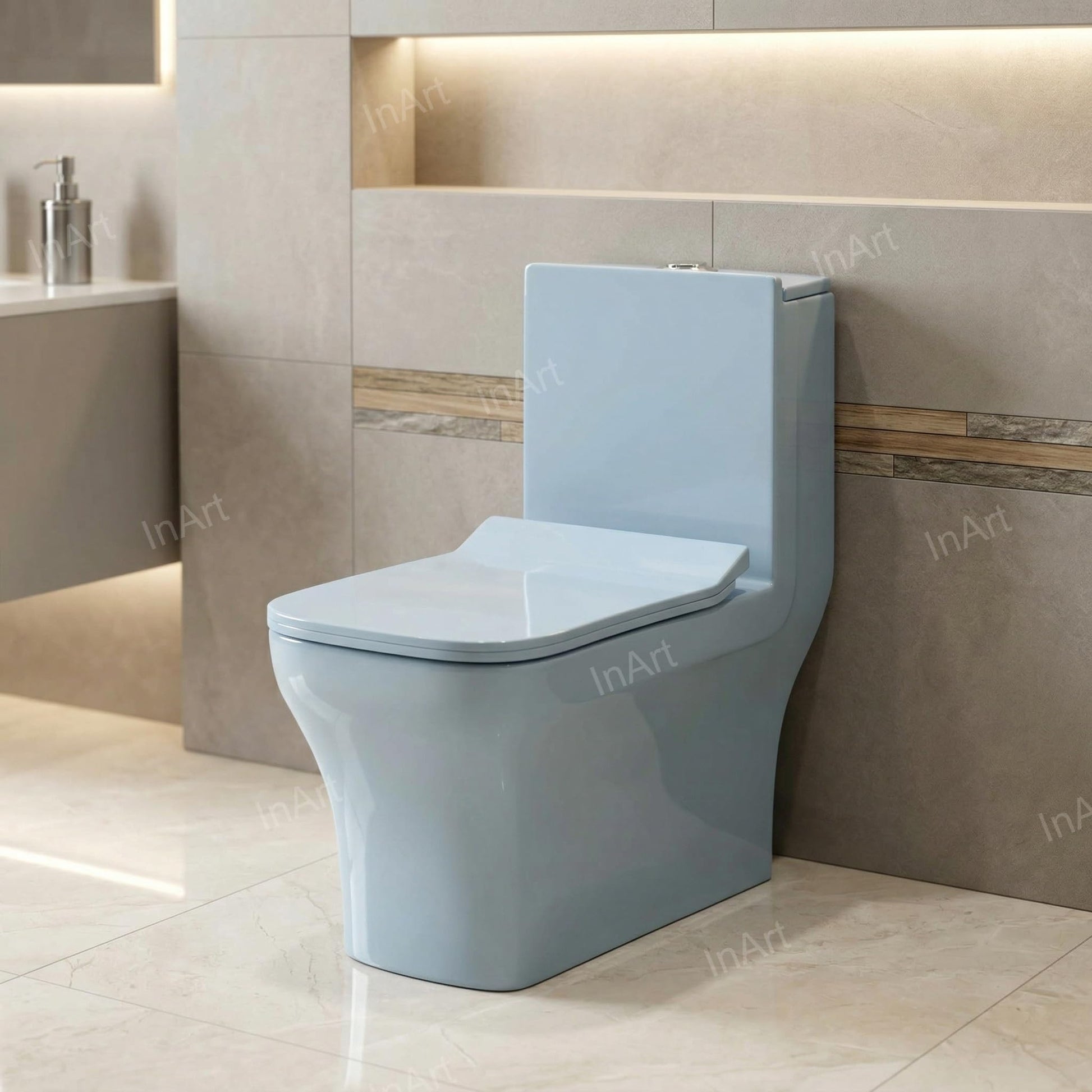 InArt ceramic floor mounted western toilet commode with S-trap outlet and 9 inch rough-in, bottom view