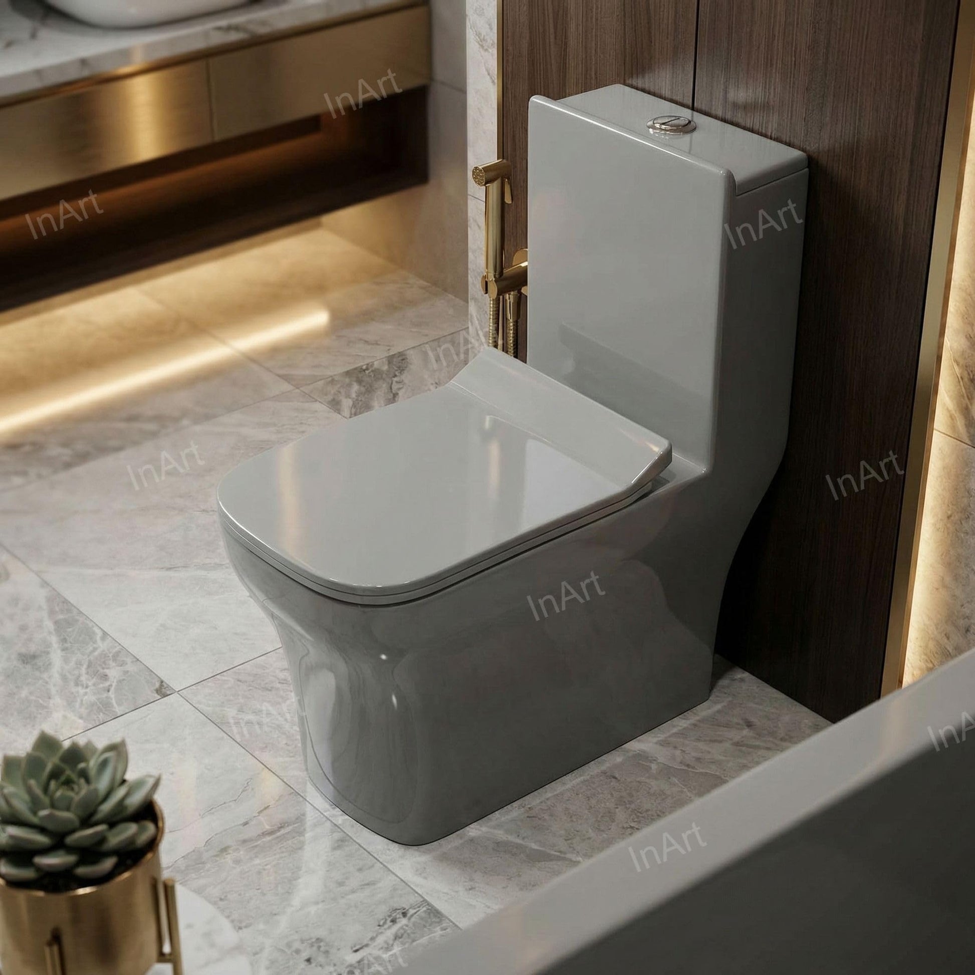 InArt grey ceramic commode with soft close seat and dual flush button, close-up of top cistern
