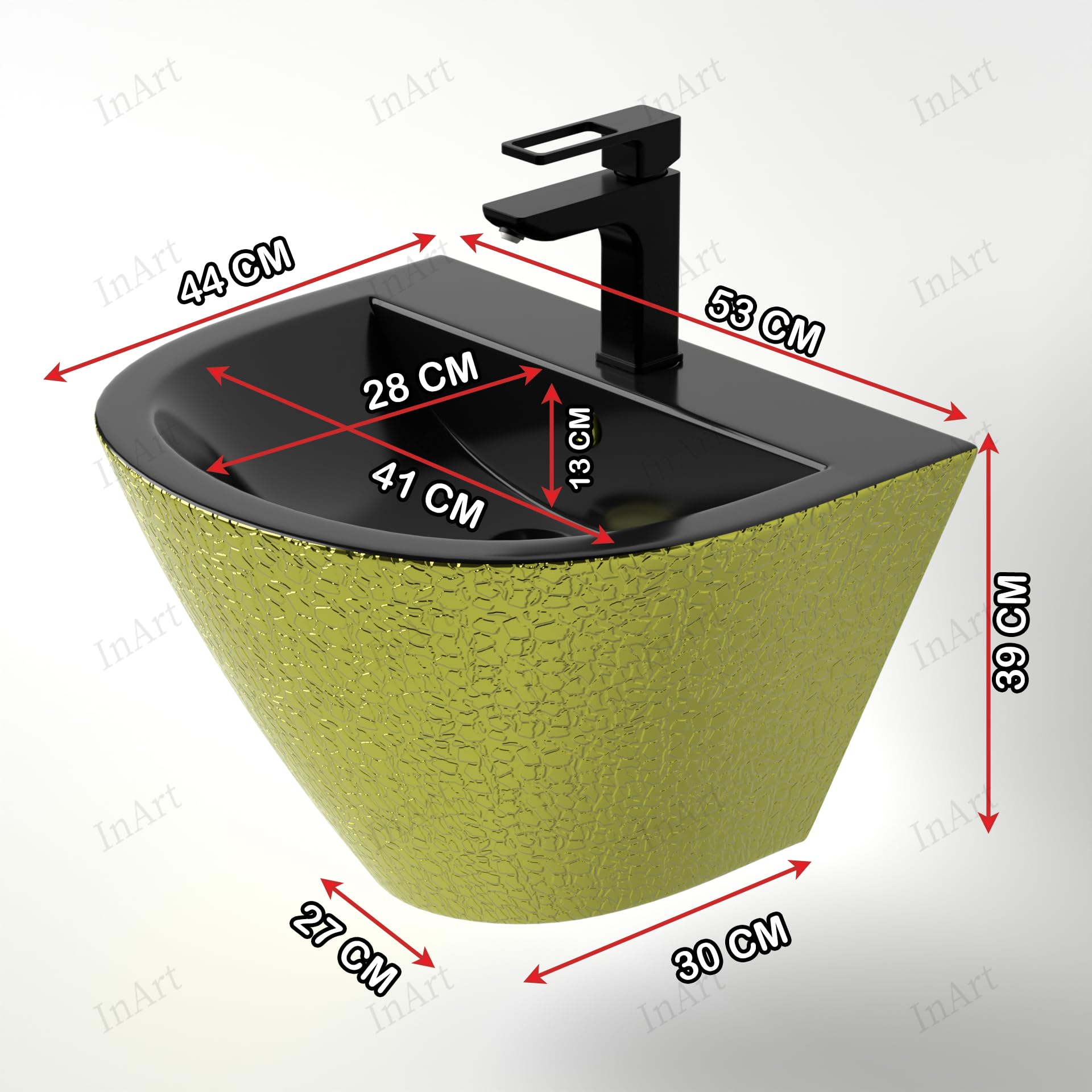 InArt ceramic wall mounted wash basin in black gold, modern bathroom basin design with half pedestal detail