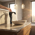 InArt black swan neck basin tap with single lever control, close-up of handle and spout in matte finish