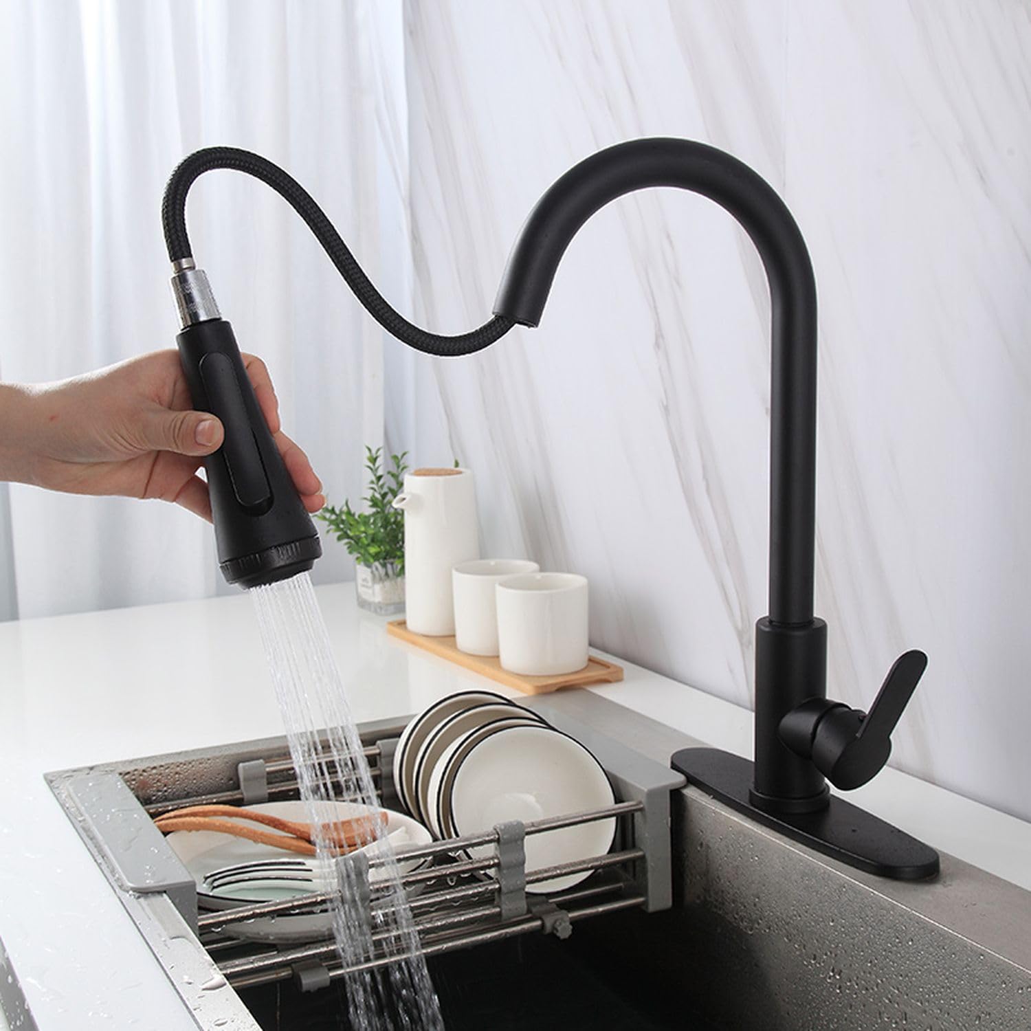 Modern kitchen sink taps black with pull out mixer tap, premium matte black finish for Indian kitchens