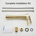 Wash basin with mixer tap look, golden single lever basin tap installed style for premium sanitaryware