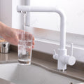 Under sink water purifier tap setup, InArt 3-way kitchen tap with water filter on deck in modern kitchen