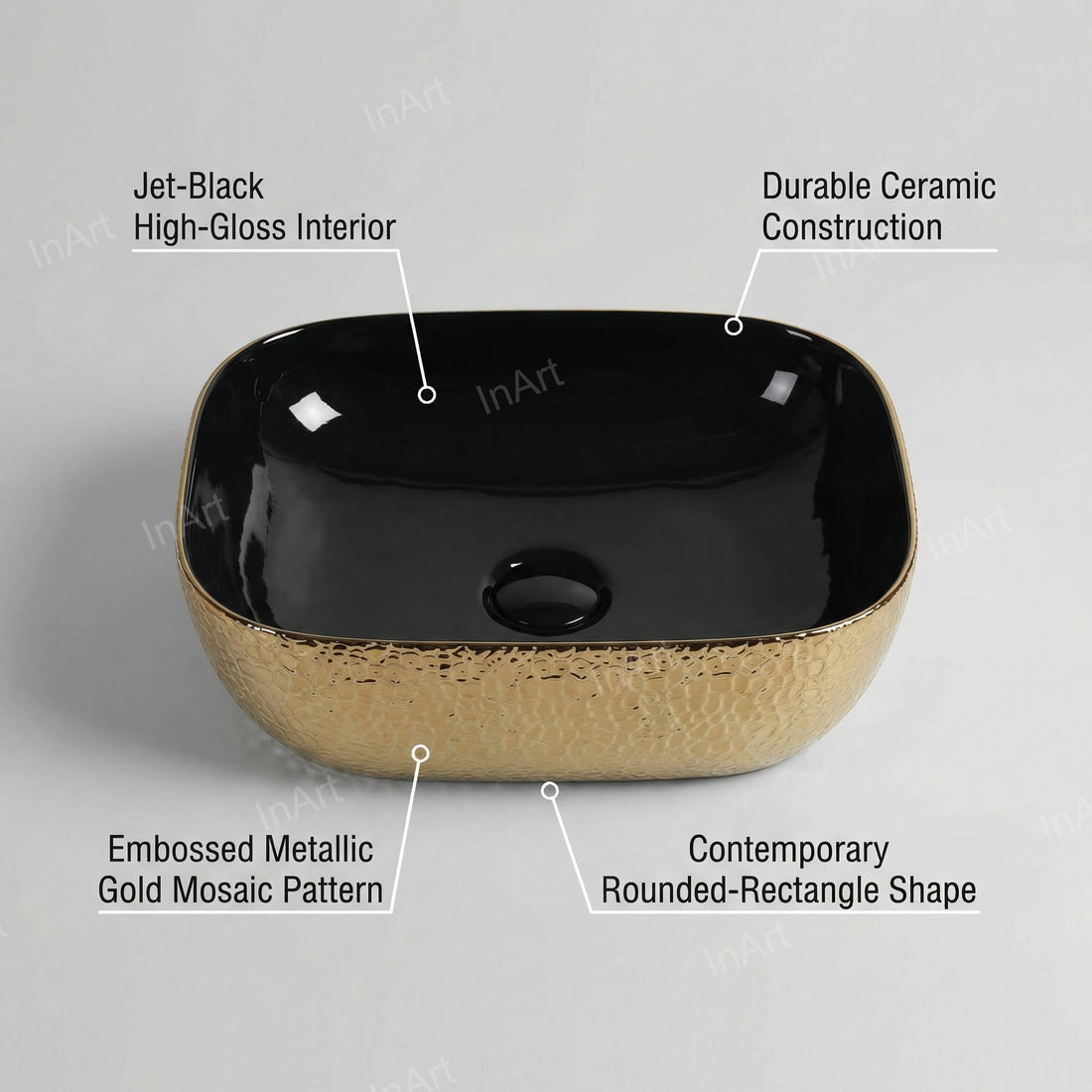 Luxury wash basin by InArt, glossy black gold rectangular ceramic table top wash basin, front view