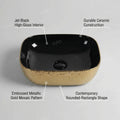 InArt ceramic designer wash basin in black gold, rectangular table top basin, angled side view