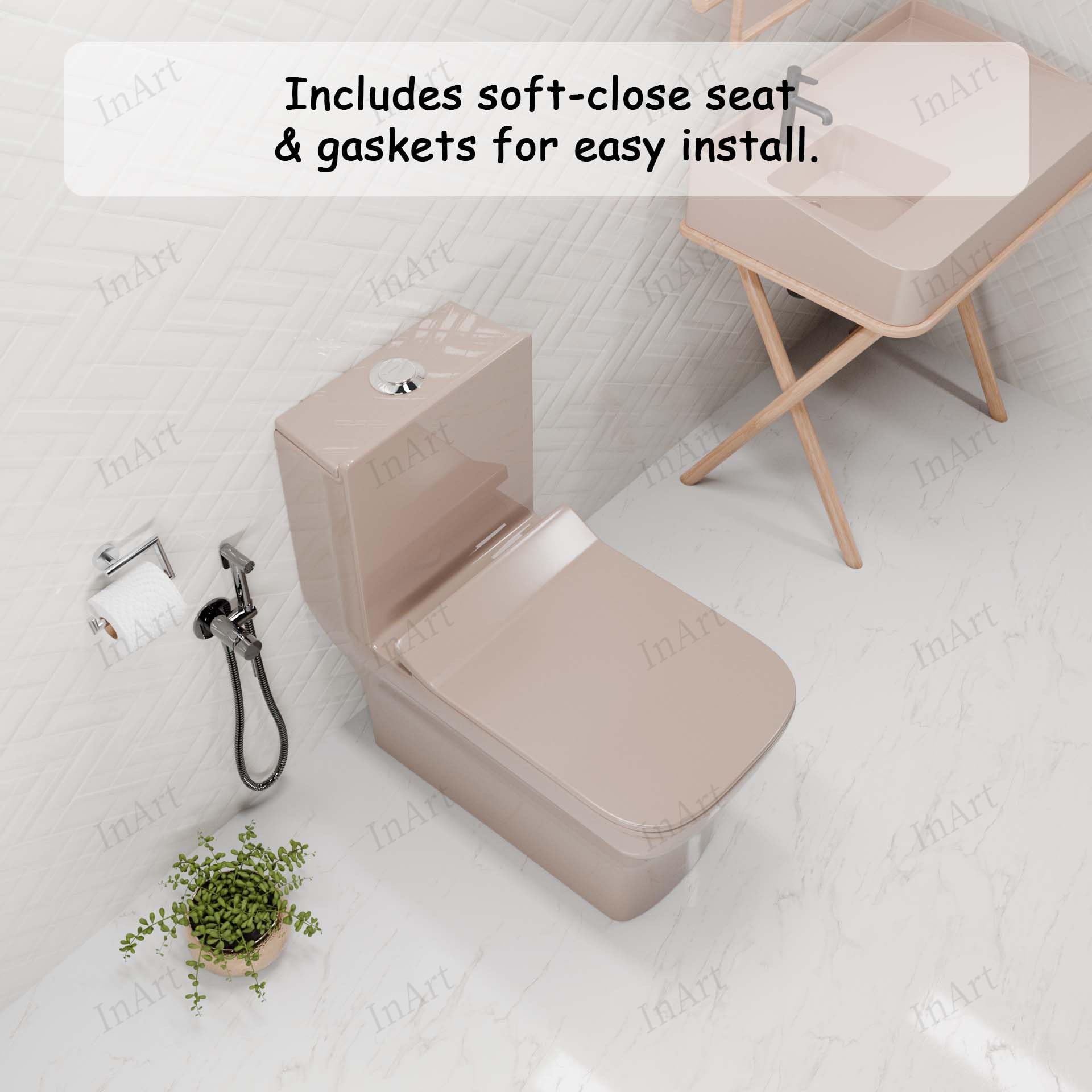 Premium pink ceramic western commode single piece with soft close seat, stylish sanitaryware for home