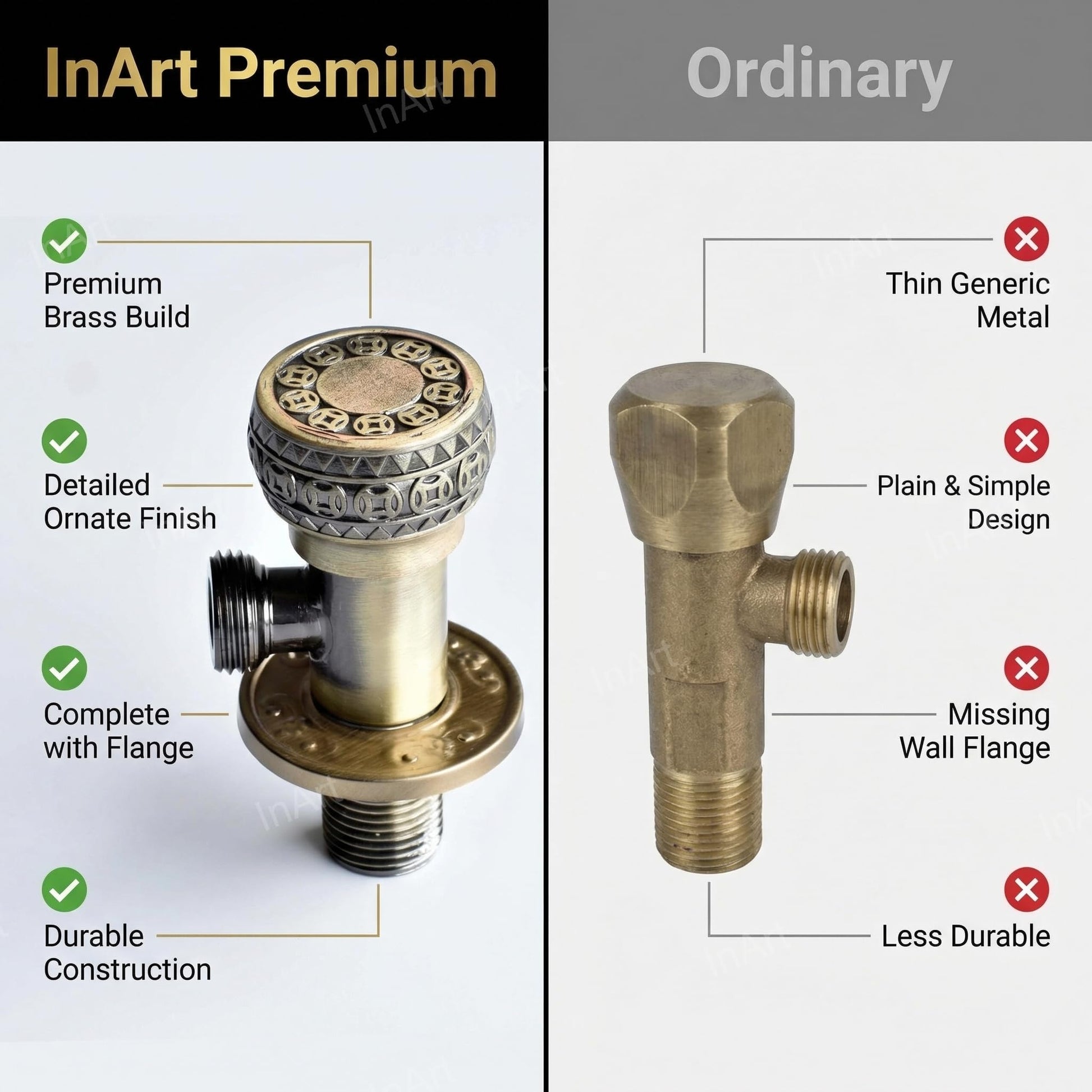 InArt zinc angle valve for bathroom fittings in antique brass, wall-mounted stop cock for wash basin tap