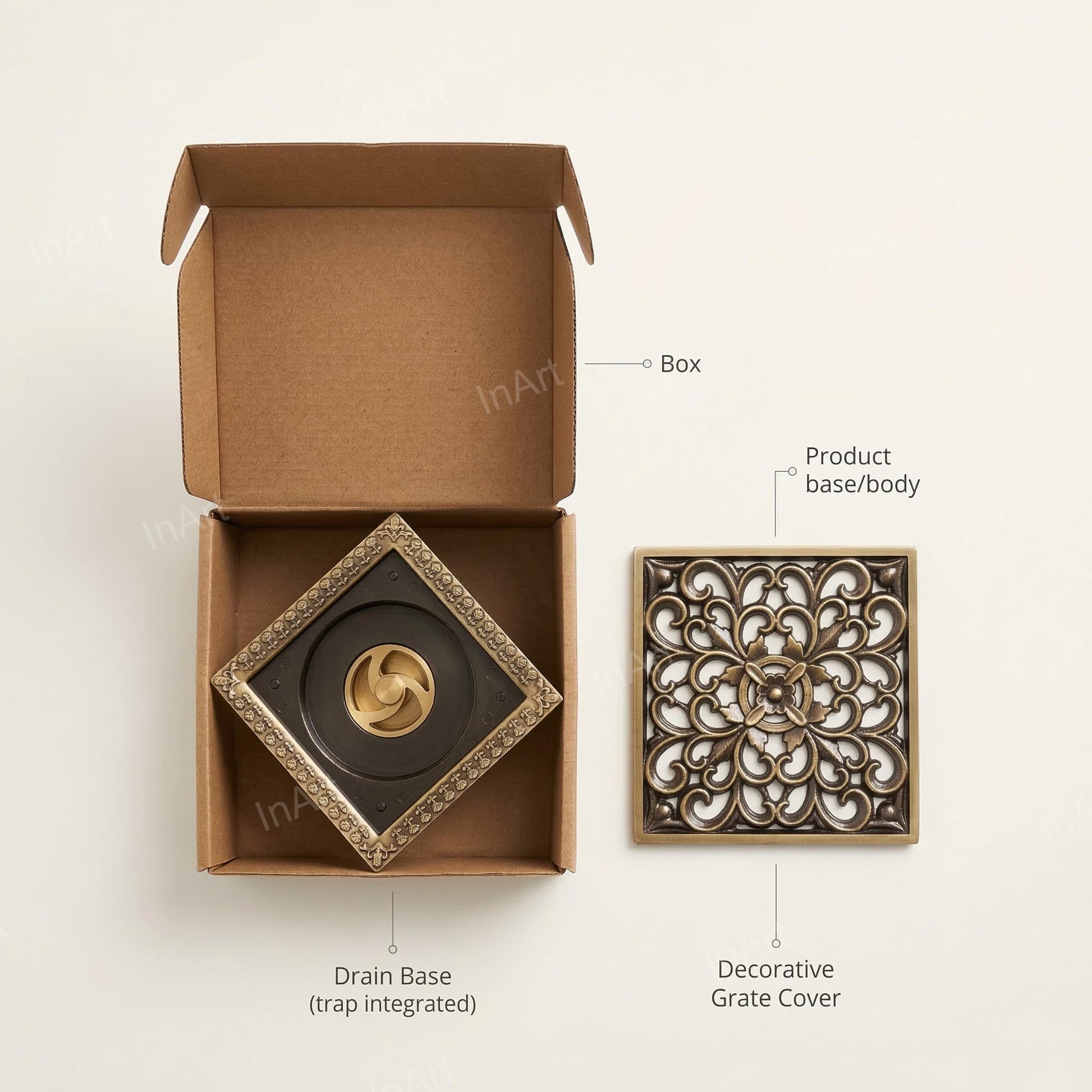 InArt bronze finish square floor drain jali for kitchen, heavy brass build with easy clean cockroach trap