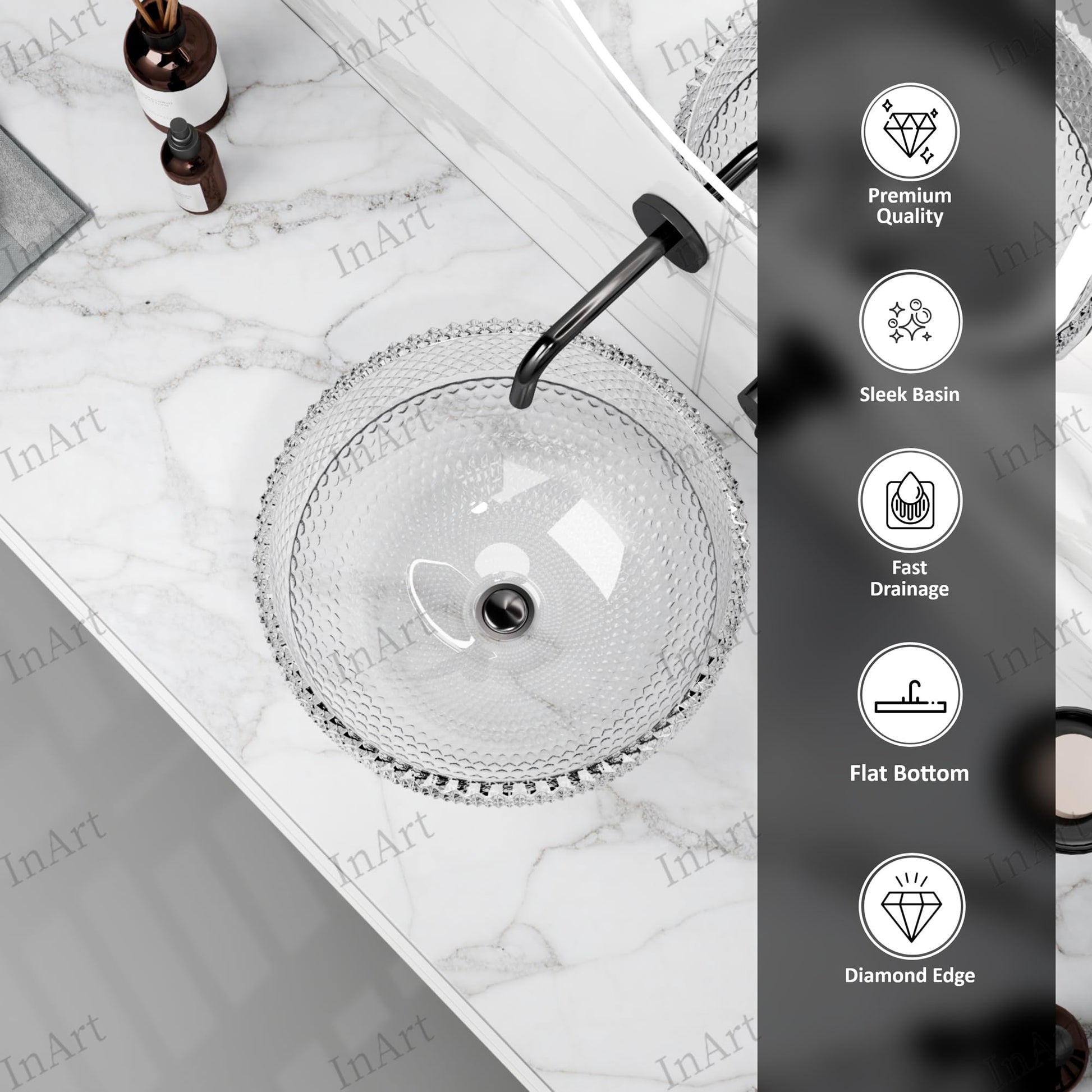 InArt round glass basin, polished transparent, table with wash basin