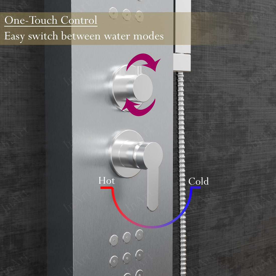 InArt wall mounted shower panel system in 304 stainless steel, rectangular brushed chrome tower front view