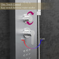 Brushed chrome shower panel tower, left angle view with waterfall spout, rainfall head and body massage jets