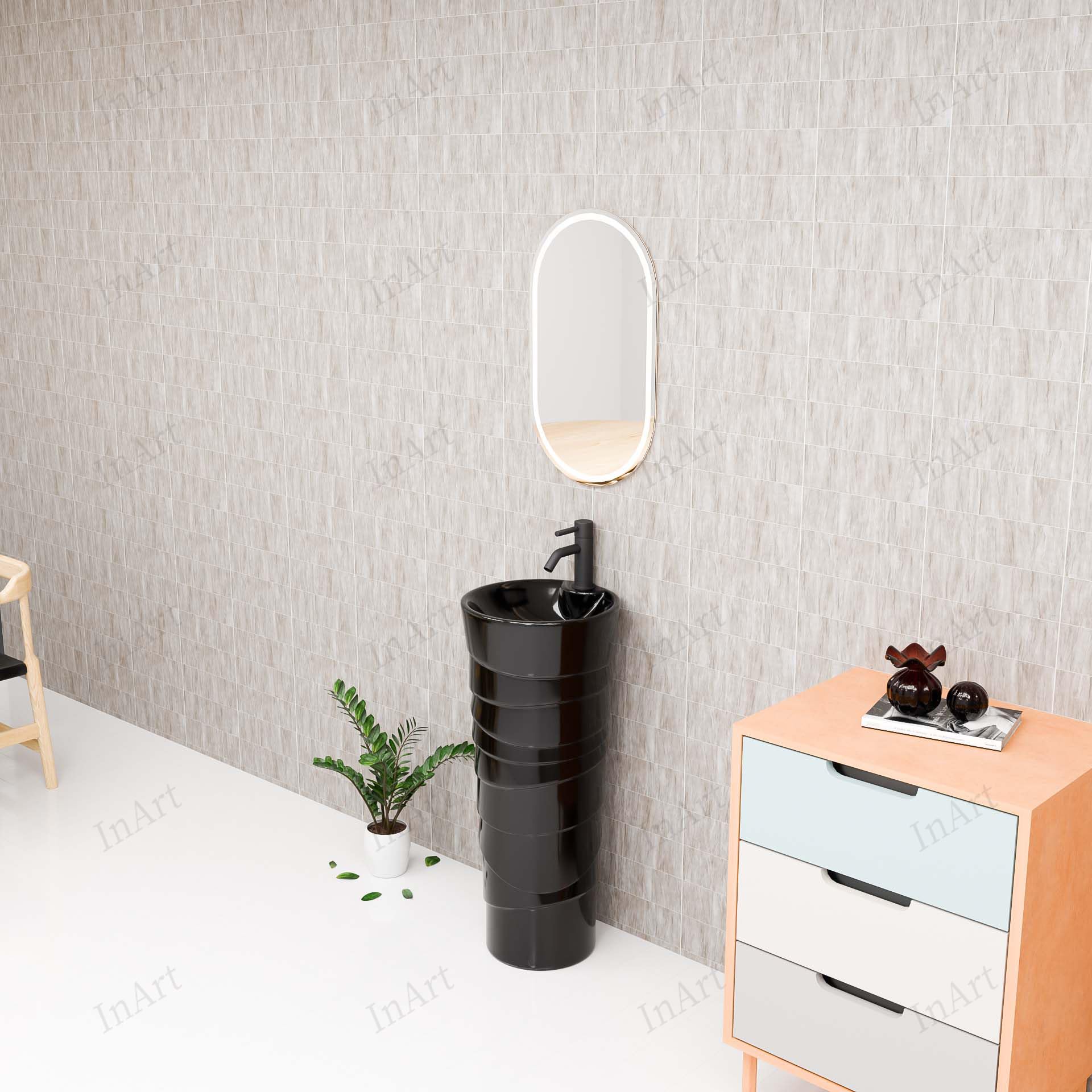 Matte black wash basin for bathroom with free-standing pedestal, modern square ceramic sanitaryware