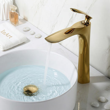InArt wash basin mixer tap in gold finish, long body pillar tap for bathroom wash basin