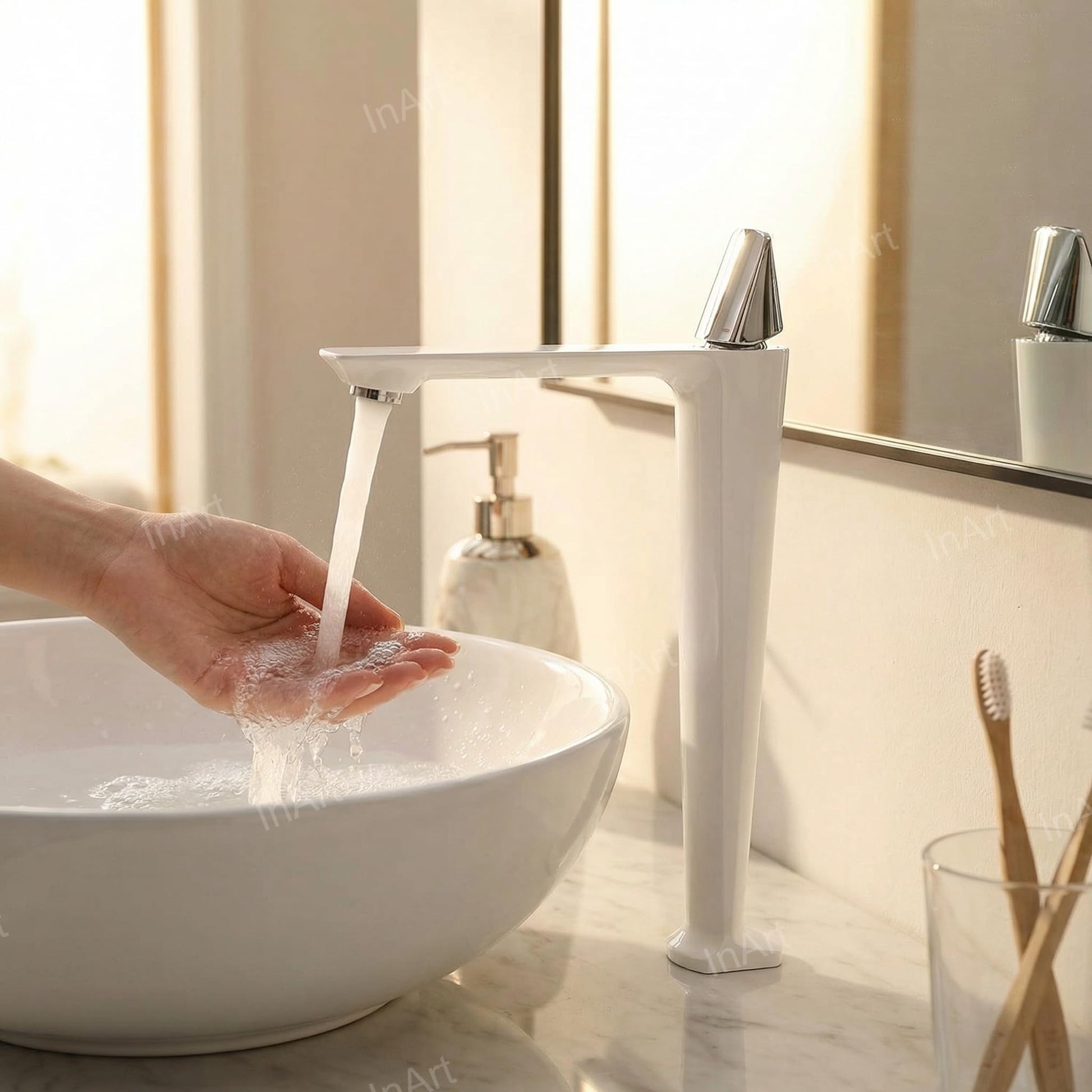 Close-up of single lever basin mixer tap handle, white finish brass basin mixer tap for hot and cold water