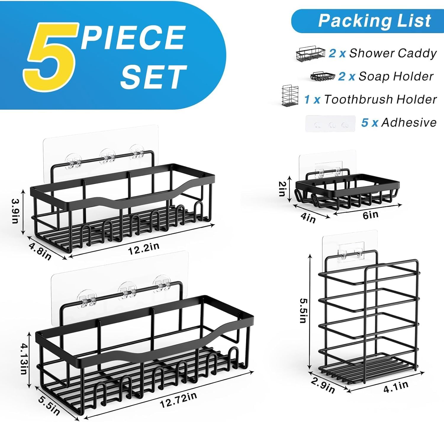 Rectangular alloy steel bathroom wall shelf organizer with front hooks