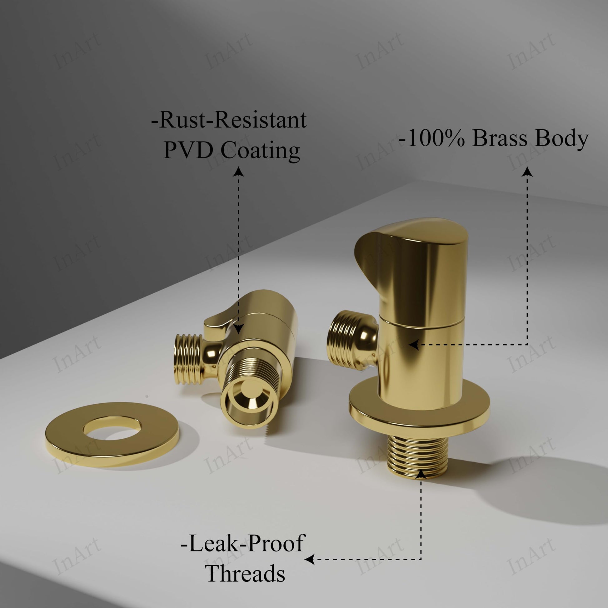 Gold angle valve 1 way glossy finish close-up, ceramic disc leakproof tap connector with wall flange