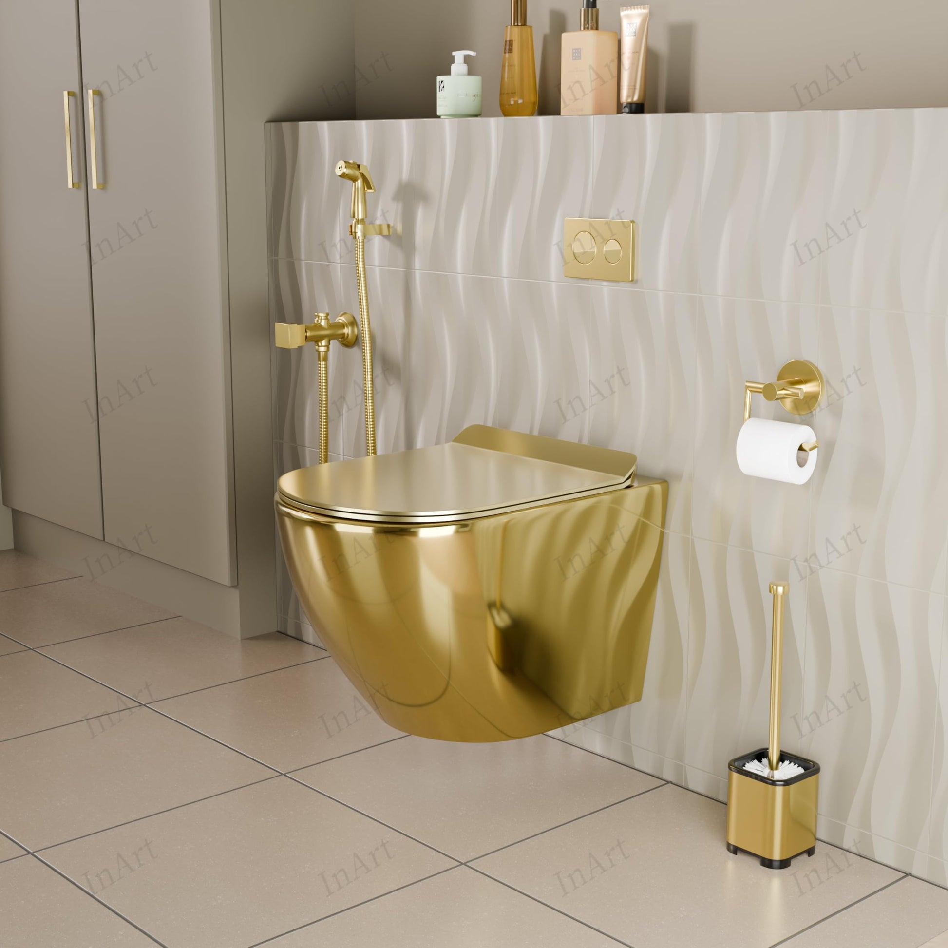 InArt wall mounted western toilet in gold finish, 3/4 angle view with soft close seat cover