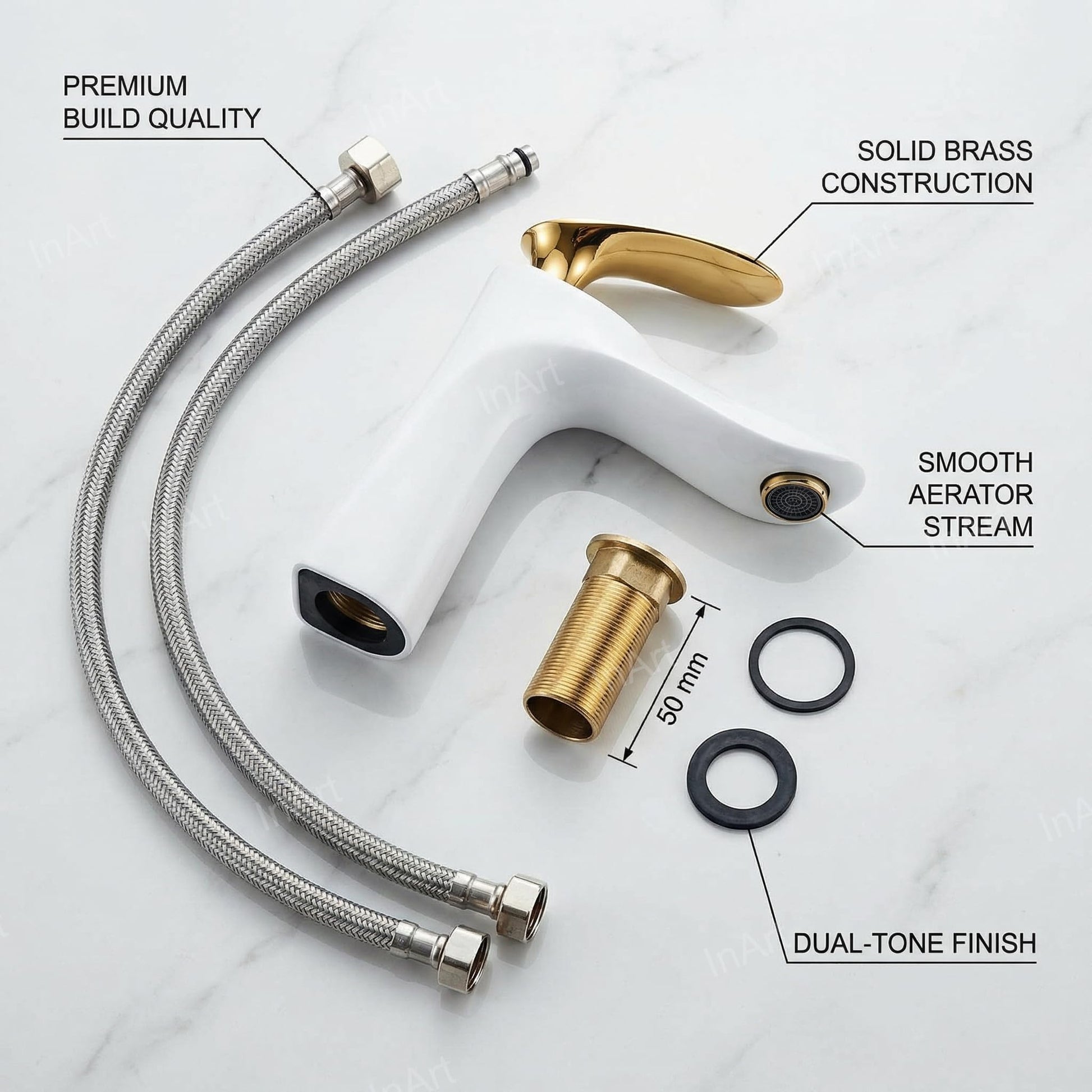 Golden white basin mixer tap, single lever bathroom mixer tap shown at 45 degree angle