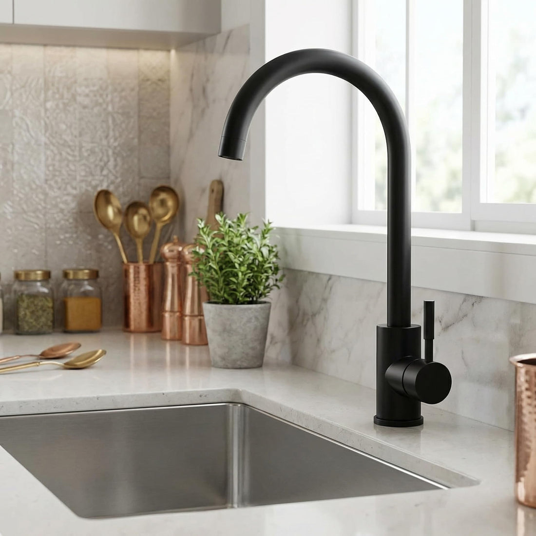 InArt steel tap for kitchen in matte black stainless steel, single lever 360° swivel sink mixer