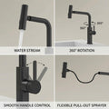 Kitchen taps pull out design in matte black brass, 360 rotatable spout, angled product view