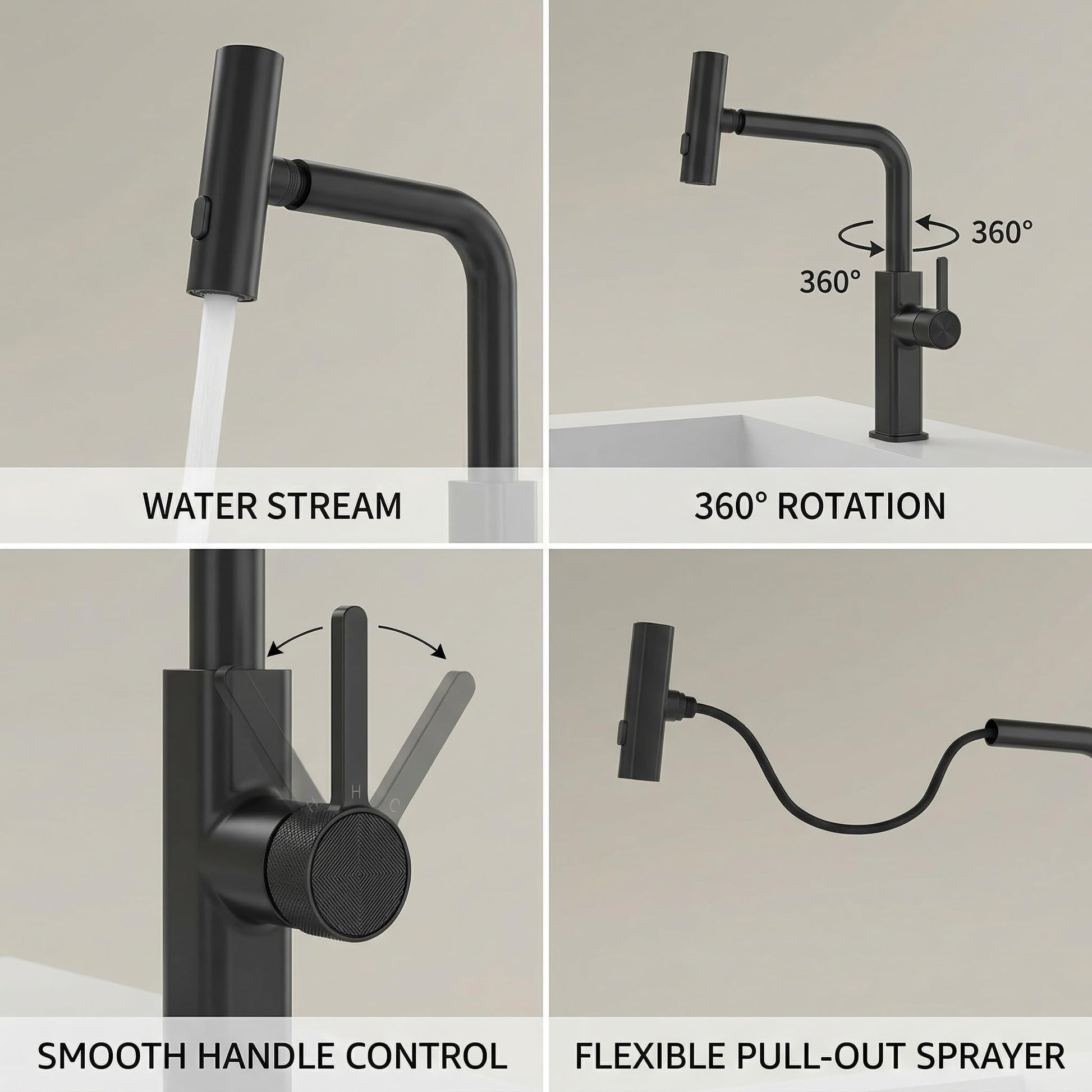 Kitchen taps pull out design in matte black brass, 360 rotatable spout, angled product view