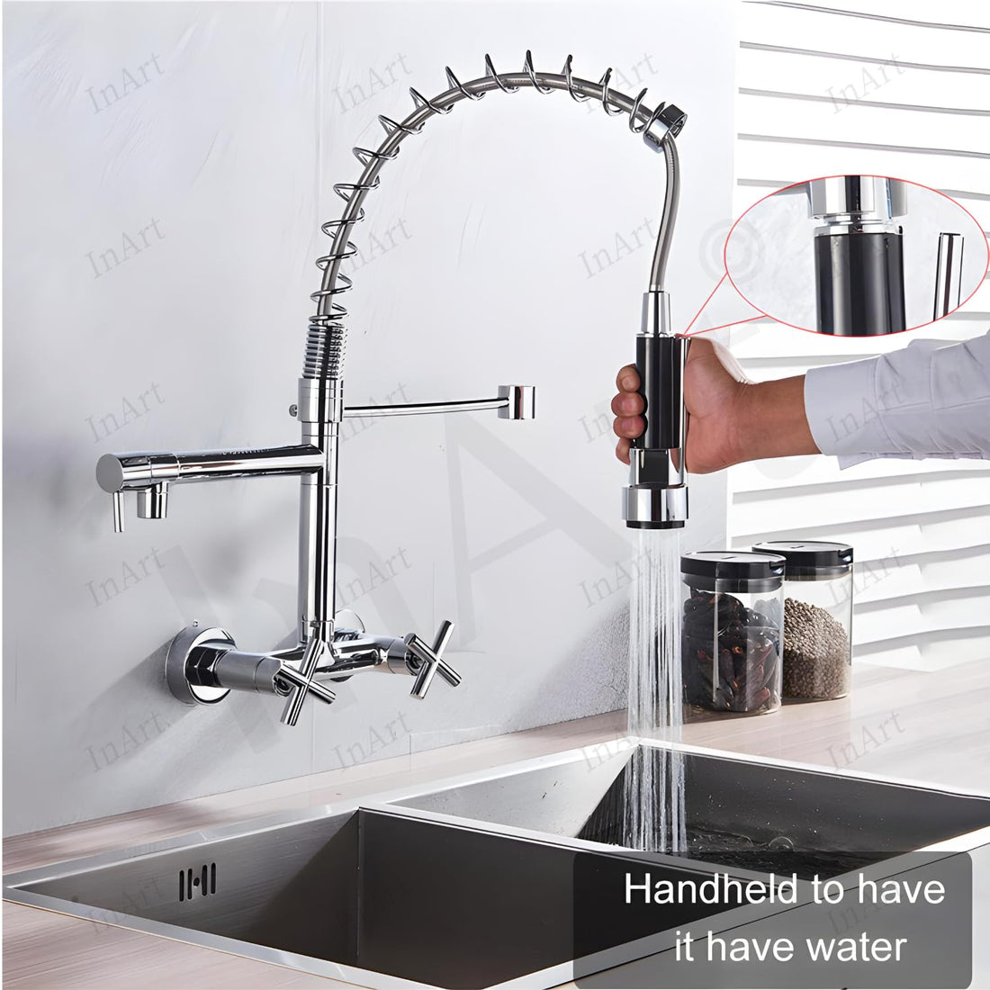 InArt wall mounted kitchen sink tap in chrome finish, metal pull-down sprayer mixer with hot and cold water