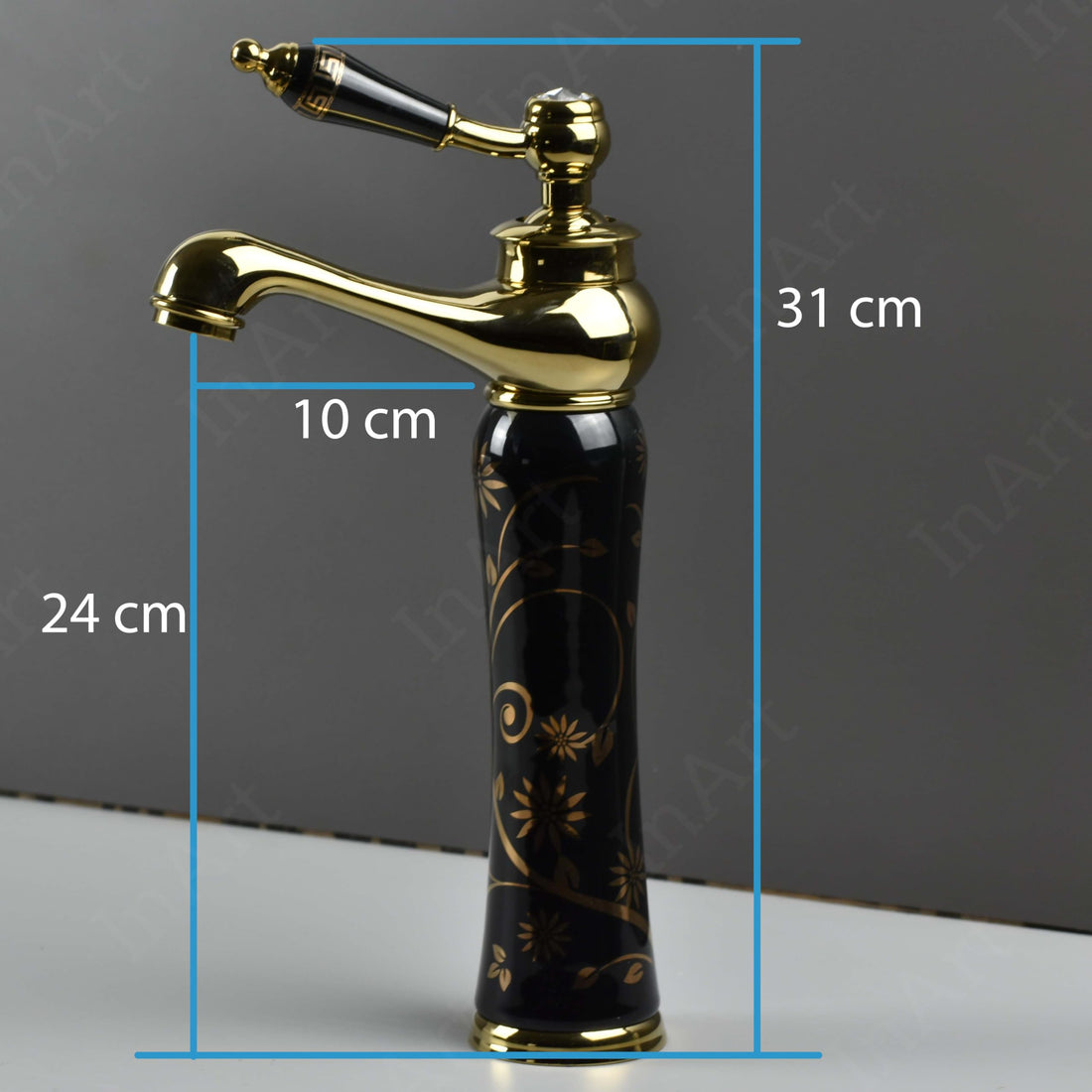 InArt single lever basin mixer tap in black gold zinc alloy with waterfall spout, hot and cold water