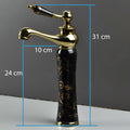 Waterfall basin tap in antique black gold finish, single lever wash basin mixer shown at side angle