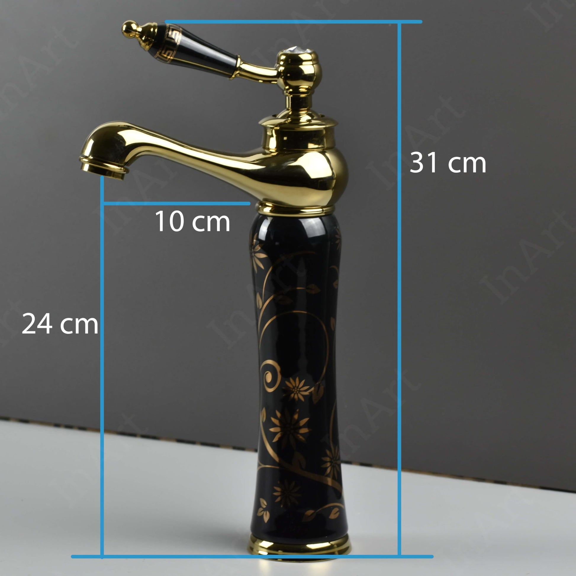 Waterfall basin tap in antique black gold finish, single lever wash basin mixer shown at side angle
