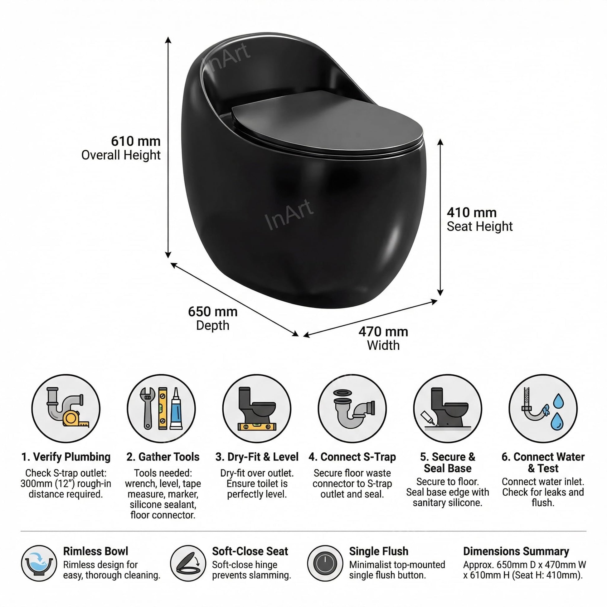 InArt premium sanitaryware rimless one piece toilet, floor mounted ceramic commode with easy-clean bowl