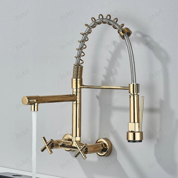 InArt wall mounted kitchen sink tap in gold finish, metal pull-down sprayer and single lever mixer
